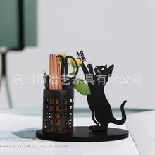 跨境新品创意黑猫笔筒铁艺极简办公桌面摆件书桌收纳笔筒工艺品