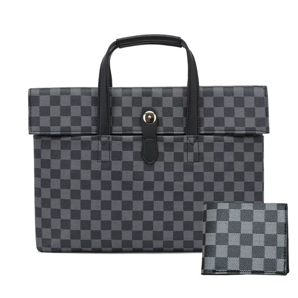Gray checkered horizontal large bag + short wallet
