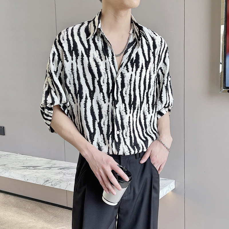High-end Zebra Leopard Print Shirt Men's Summer Thin Design High-end plus size Ice Silk Short-sleeved Flower Shirt