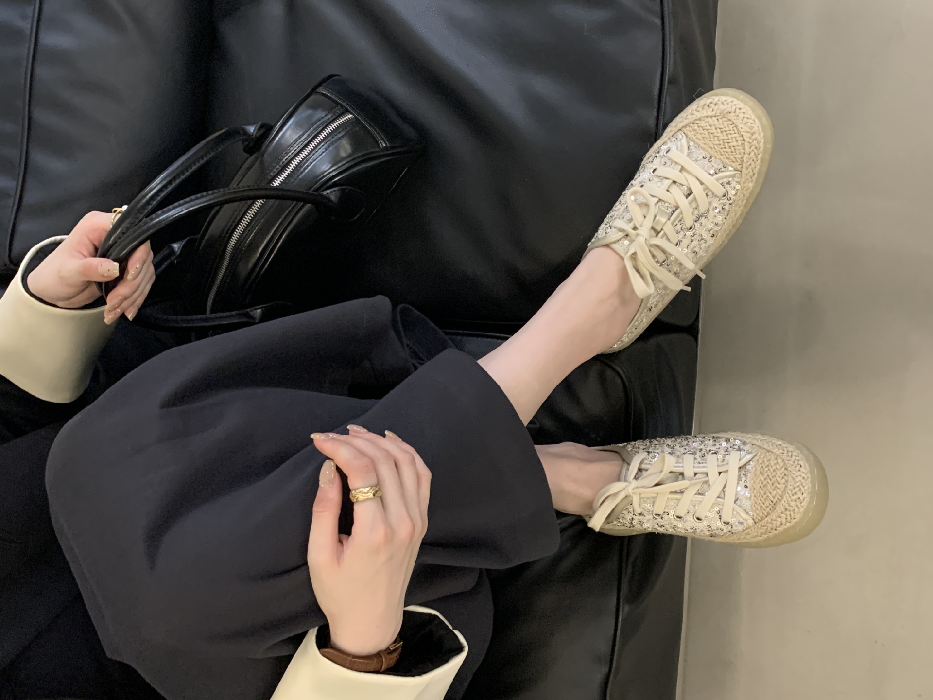French-style High-end Straw-woven Thick-soled Lace-up Sequined Fisherman For Women, Slip-on Loafers, Fashionable Casual_vogvips.com