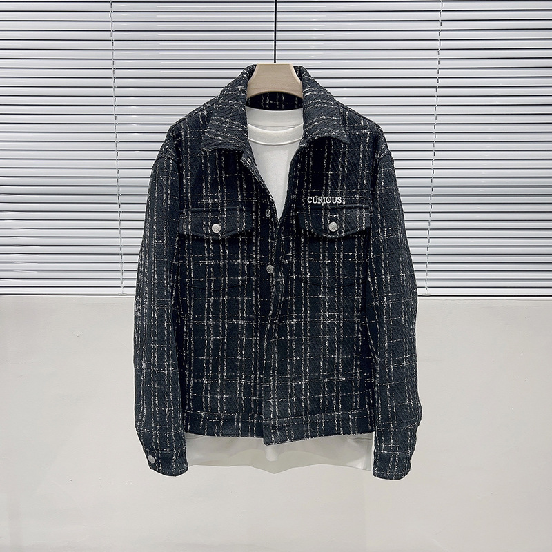 2025 Autumn Men's Tweed Long-Sleeve Outerwear Shirt Men's Plaid Chanel-Style Jacket