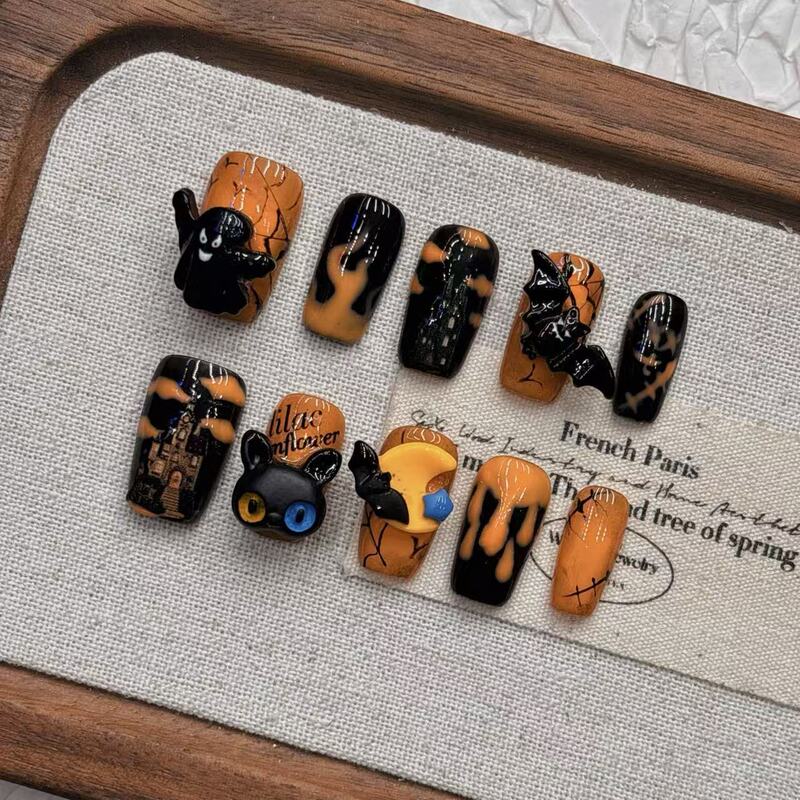 Handmade Halloween Pumpkin Horror Festival Cross-Border Fake Nails New Year Wholesale Short Almond-Shaped Pure Handmade Wearable Nail Art Handmade Halloween Pumpkin Horror Festival Cross-Border Fake Nails New Year Wholesale Short Almond-Shaped Pure Handmade Wearable Nail Art
