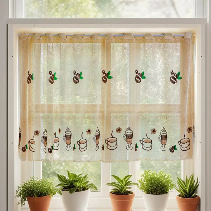 美式咖啡帘防尘小清新半帘厨房卧室飘窗短帘蕾丝绣花成品厂家批发