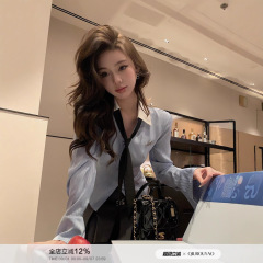 邱肉瑶 收腰修身长袖条纹衬衫女秋季新款韩系氛围蓝色设计感上衣
