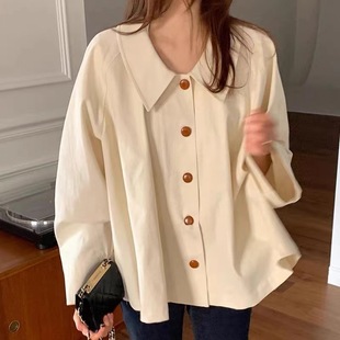 Korean Spring French Simple Lapel Loose Casual Solid Color Versatile Long-Sleeved Shirt Top