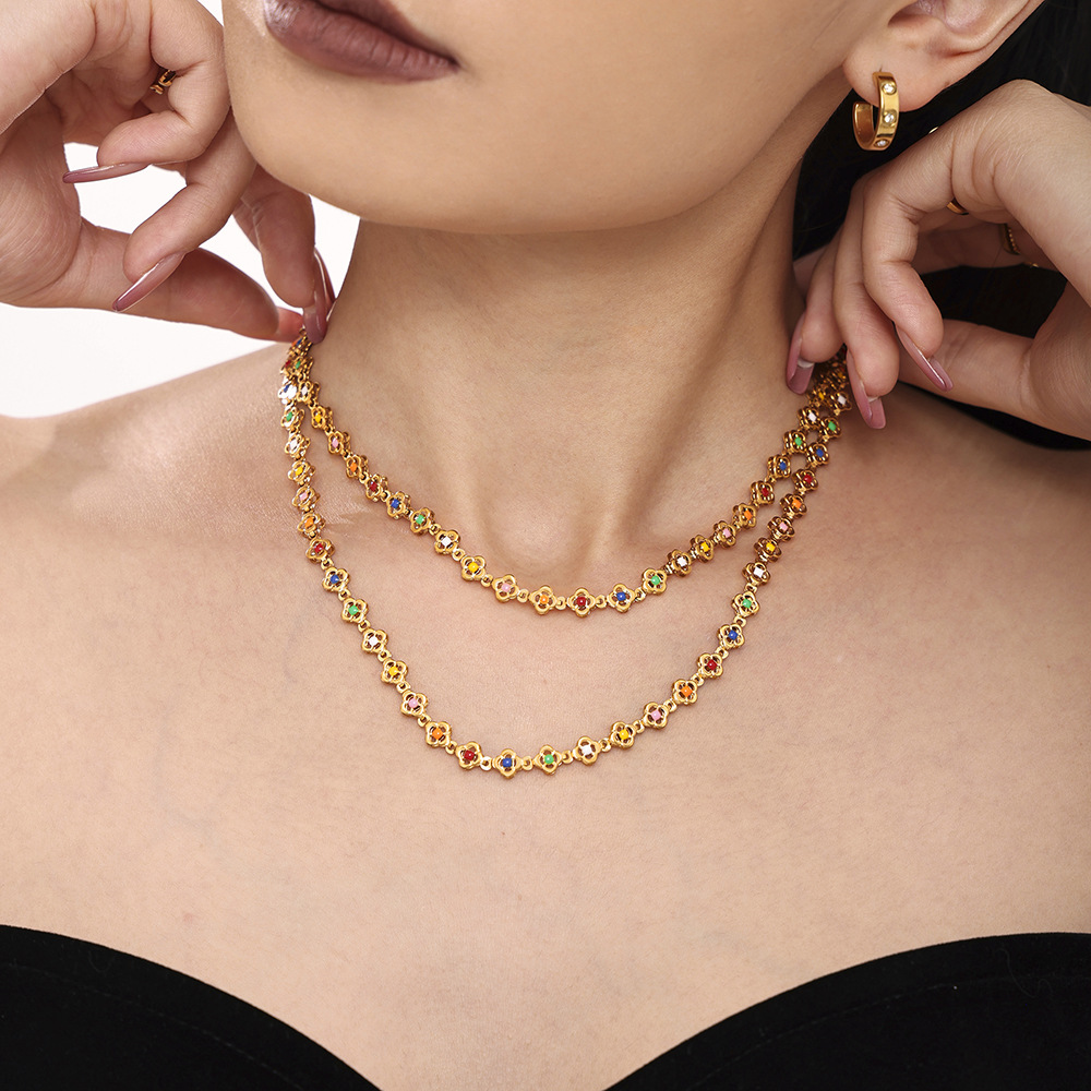 Square Sugar Stainless Steel Small Flower Handmade Chain Drip Oil Colored Heavy Industry Necklace Bracelet Foot Chain Set_voghion.com