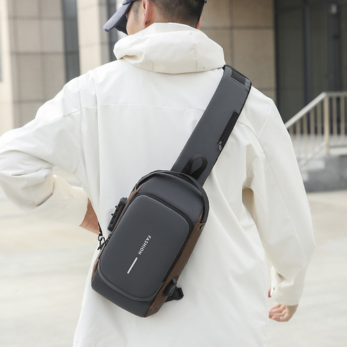 Password lock anti-theft chest bag for men, motorbike bag, outdoor waterproof unisex crossbody USB charging chest bag