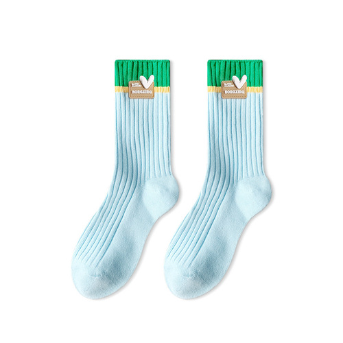 Lumi new product double needle color matching love cloth label jewelry socks ins trendy Korean version simple trend mid-tube socks for women