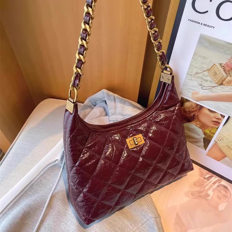 Túi tote nữ da thật kiểu tweed đeo chéo dây xích chần bông — Màu đen, Đỏ Ancora, Cà phê Mocha, Màu nâu chi tiết 2