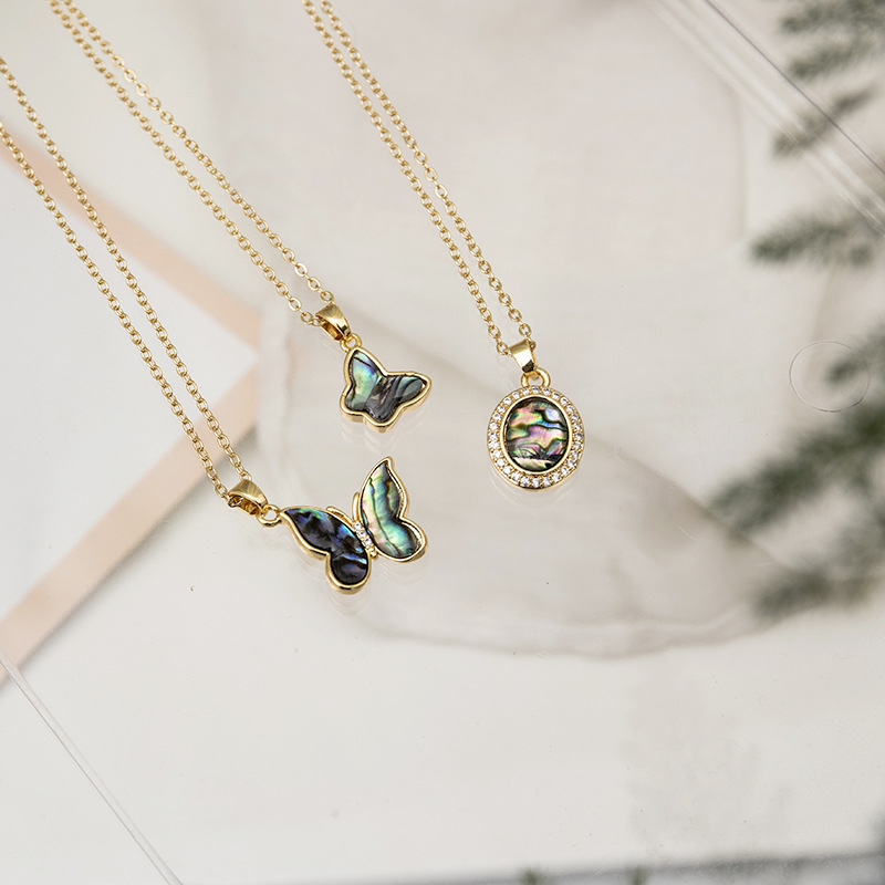 Fashion Cross Butterfly Titanium Steel Copper Inlaid Gemstone Natural Stone Pendant Necklace