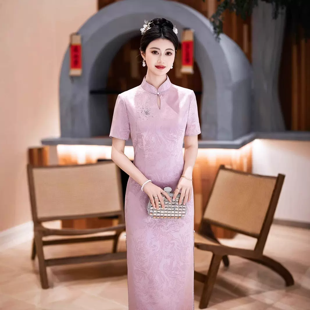 2025新款醋酸提花水滴领新中式少女粉年轻优雅修身显瘦长款旗袍