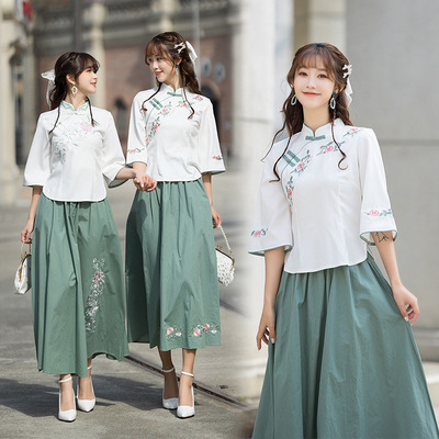 21春夏新品女士中袖立領民族休閑襯衫閨蜜裝中式唐裝繡花旗袍上衣