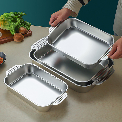 Stainless steel flat bottom thickened grilled fish plate commercial rectangular baking tray golden dumpling plate vegetable plate rice plate