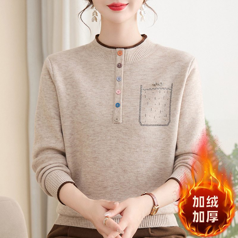 新款妈妈春秋打底小衫洋气毛衣中老年女士秋冬加绒套头针织衫上衣