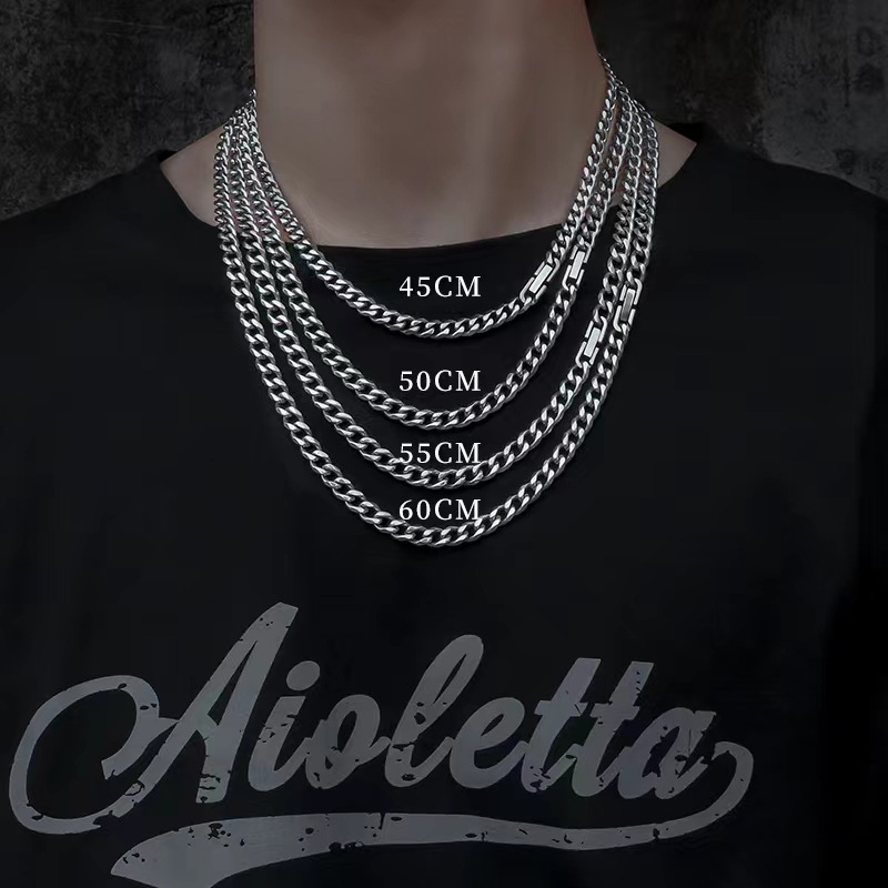 Titanium Steel Cuban Chain Necklace Six-sided Polished Unisex_voghion.com
