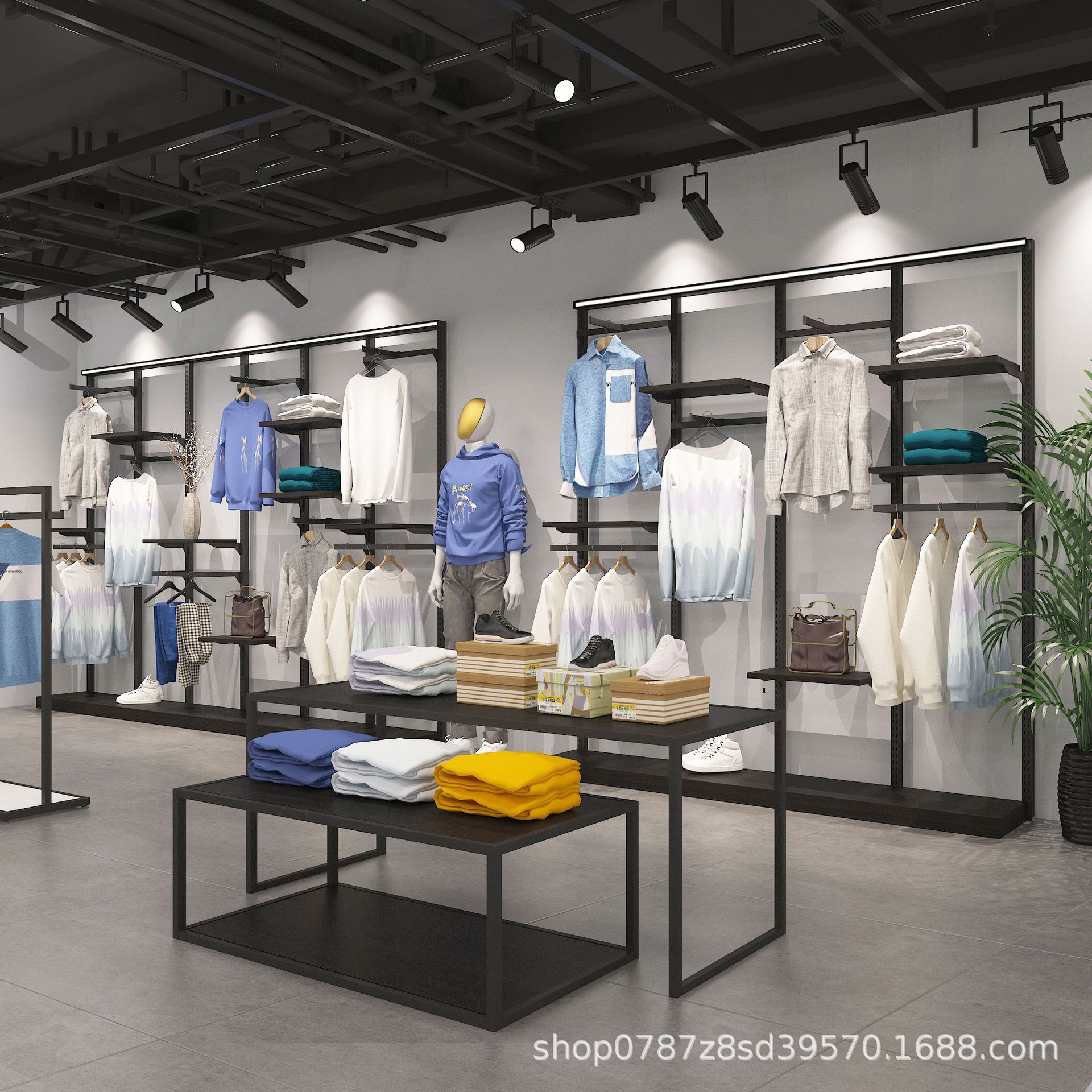 Tienda de ropa deportiva de marca, estante de exhibición, tienda de ropa de hombre con estante de exhibición de piso con lámpara, estante de pared para artículos deportivos al aire libre