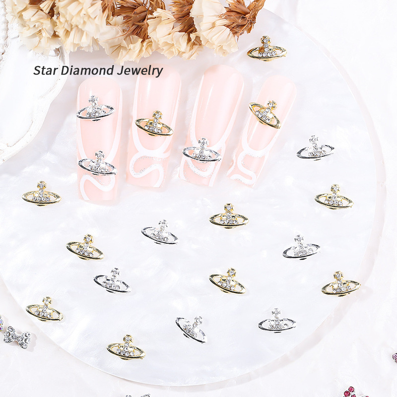 Cross-border Empress Dowager Nail Ornaments Diamond Alloy Style Gold and Silver Planetary Nail Stickers Nail Ornaments Wholesale