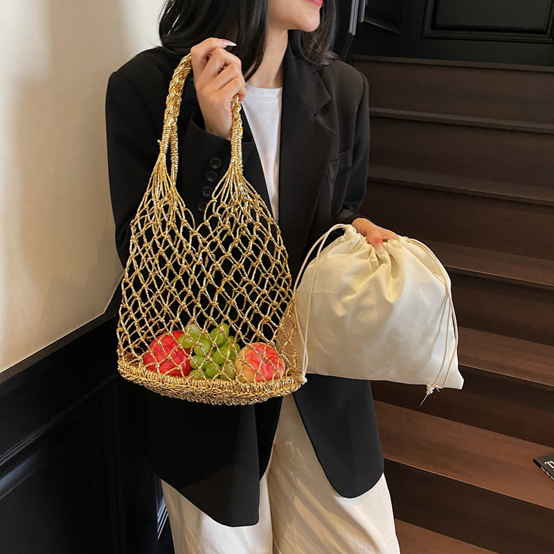 Ins nuevo bolso tejido a mano de hilo dorado y plateado de color sólido, bolso femenino de mano de moda de moda, bolso de playa portátil Mori