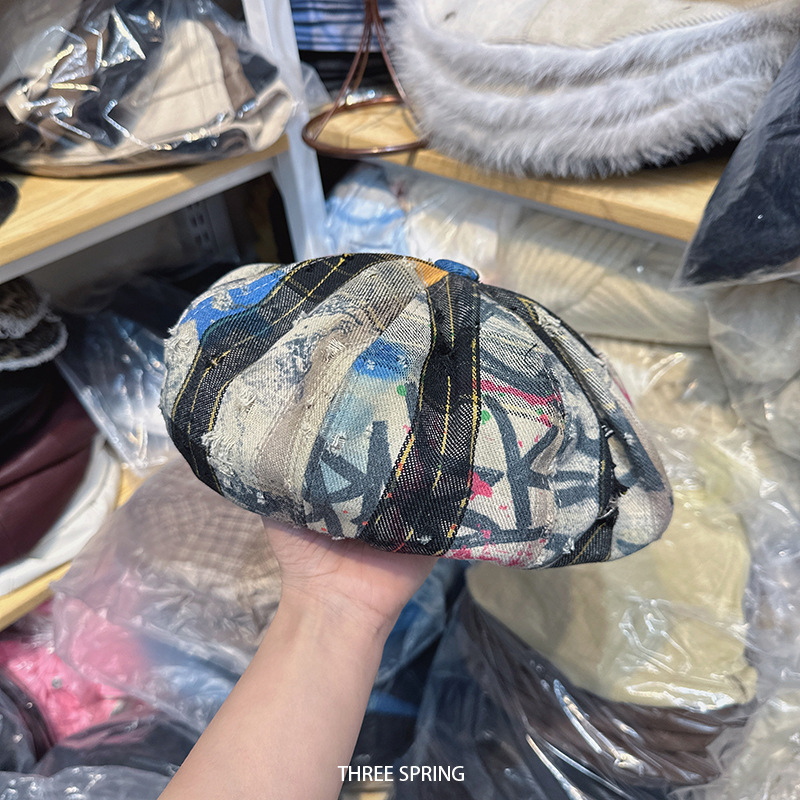 批发韩国2025年新款小众设计Y2K涂鸦贝雷帽女大头围显脸小画家帽