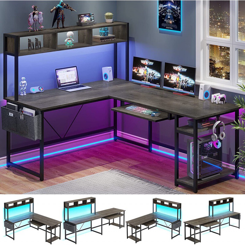 Cross-border dedicated corner computer desk open storage space desk with LED light office desk home boss desk
