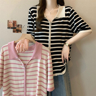 plus size Women's 2025 Summer Chubby Sister Korean Style Fashion Lel Striped Double Zipper Short Sleeve Loose Knitted Cardigan