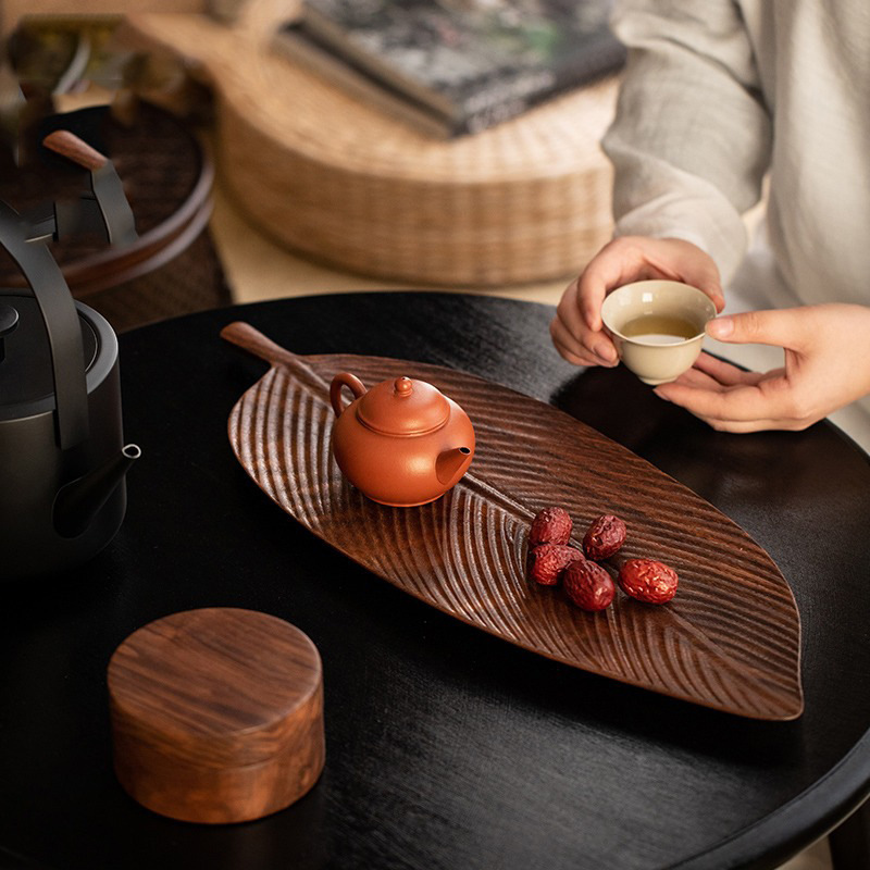 木製茶台、くるみの葉模様、家庭用、無垢材、乾燥茶葉用、茶杯置き、軽食収納、手作り|undefined