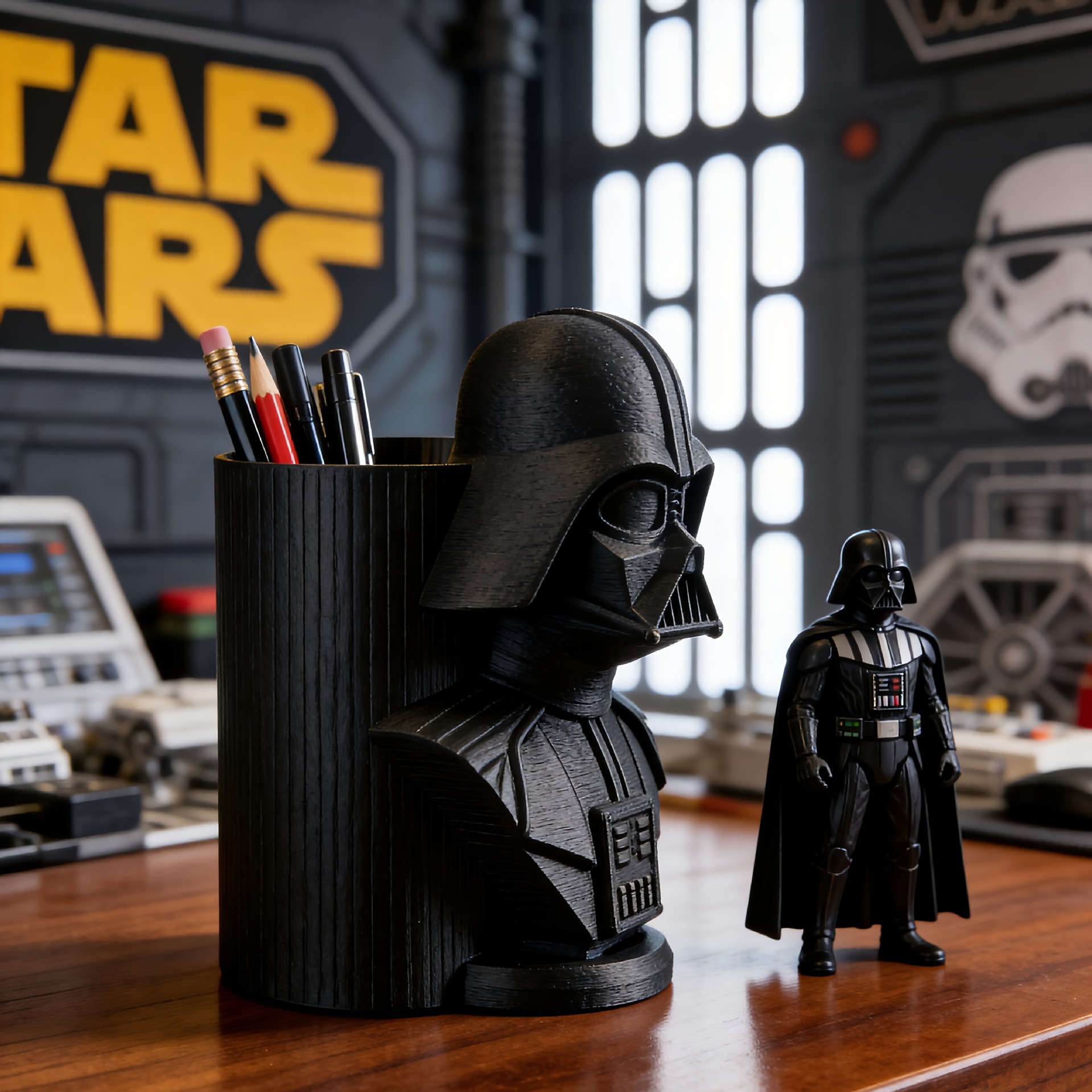 Darth Vader lápiz de escritorio impresa en 3D estante de almacenamiento Dark Lord Cup de lápiz decoración de oficina única con polvo