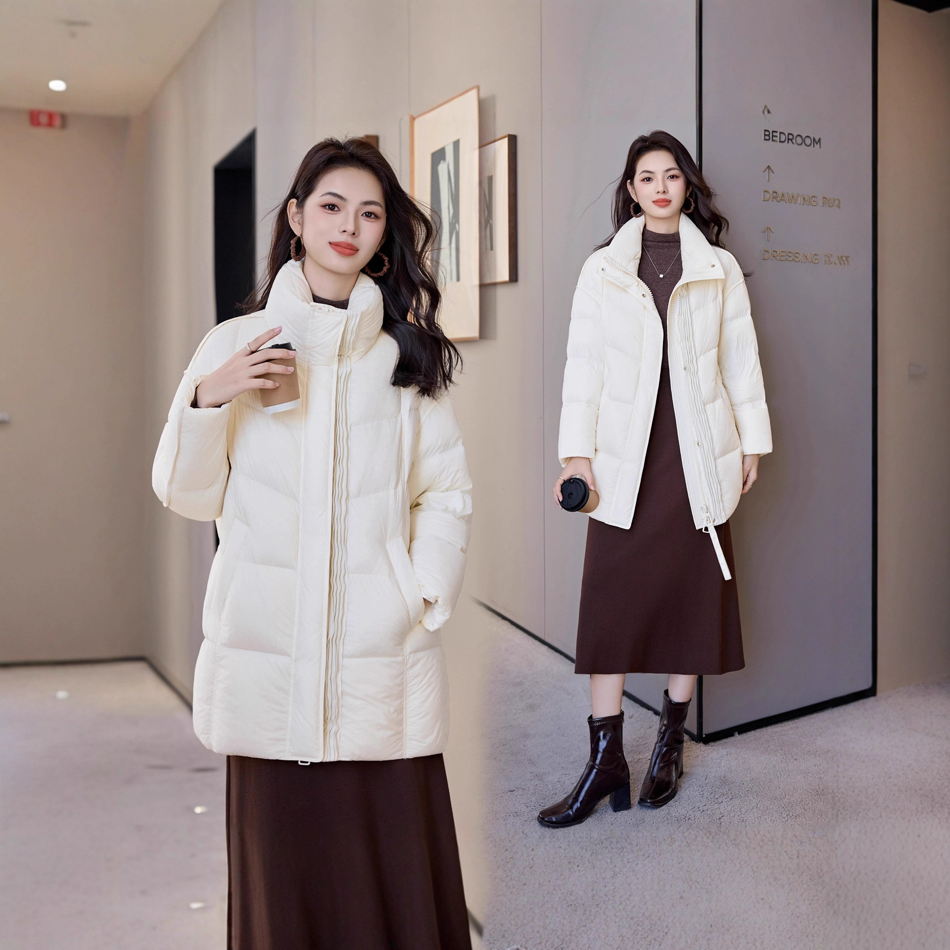 2025 Winter New 90 White Duck down Jacket Solid Color Korean Fashion Mid-Length Stand Collar Women's down Jacket Thick