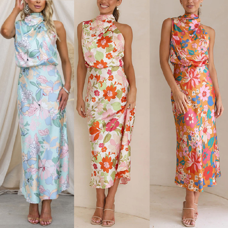 Women's Satin Dress Elegant Turtleneck Printing Sleeveless Flower Maxi Long Dress Banquet display picture 1