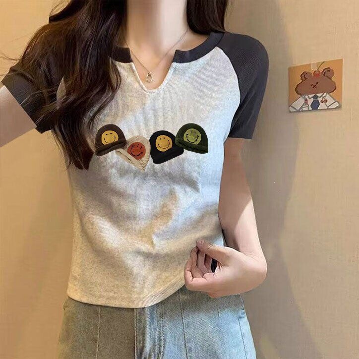 Summer Short-Sleeve V-Neck Pure Cotton T-Shirt with Korean-Style Splicing, Versatile and Stylish, Age-Reducing and Slimming Top Summer Short-Sleeve V-Neck Pure Cotton T-Shirt with Korean-Style Splicing, Versatile and Stylish, Age-Reducing and Slimming Top