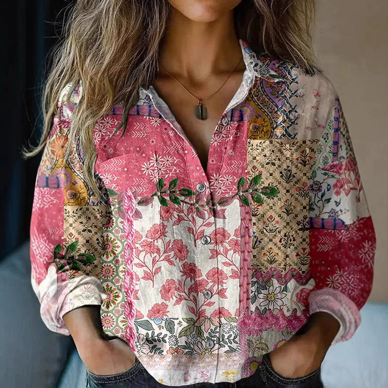 Новая женская модная повседневная рубашка с длинными рукавами и лацканами с 3D цифровой печатью, независимая от Amazon, трансграничная
