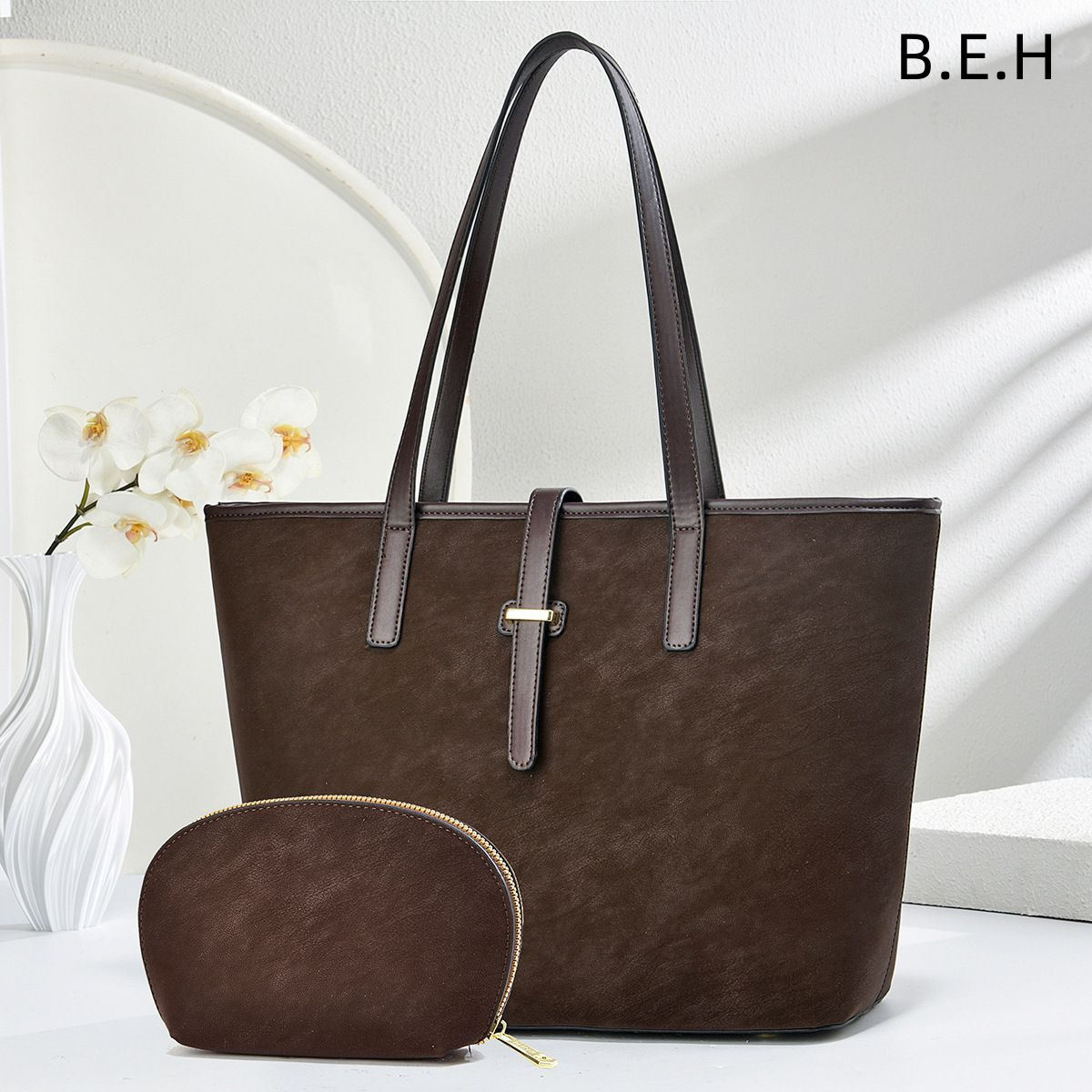 Bolso Tote de Hombro Set de 2 Piezas de PU con Cremallera para Uso Diario