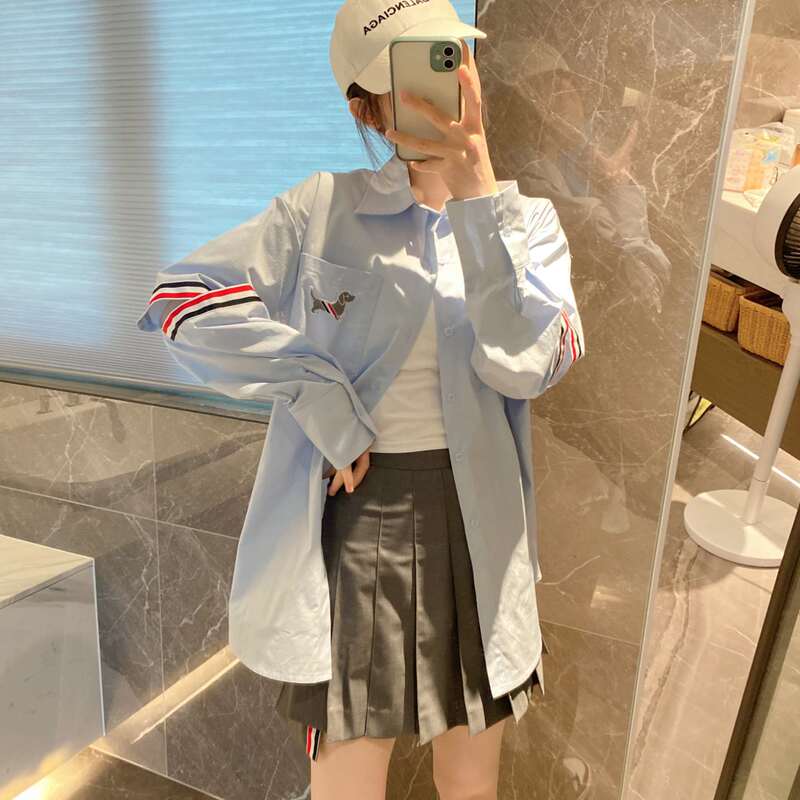 Tb Exposed Arm Webbing Long-Sleeved Shirt for Women Spring and Autum New Blue Preppy Style Puppy Embroidered Lapel Shirt Jacket