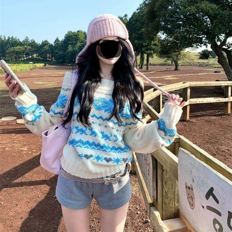冬の女性のための怠惰なレトロなワンショルダーコントラストカラー長袖セーター新しいデザインルーズでスリムなプルオーバーセーター|undefined