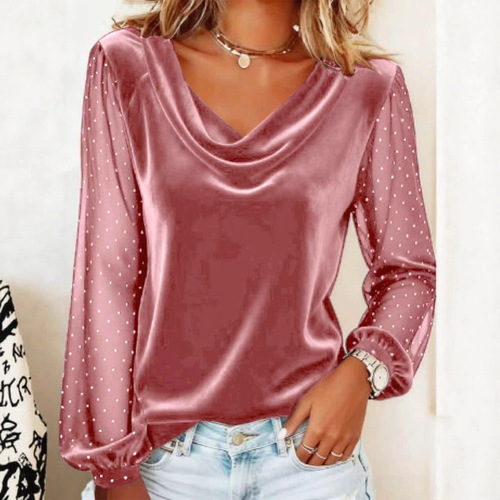 New independent station European and American women's clothing solid color V-neck mesh embroidered crystal long-sleeved T-shirt