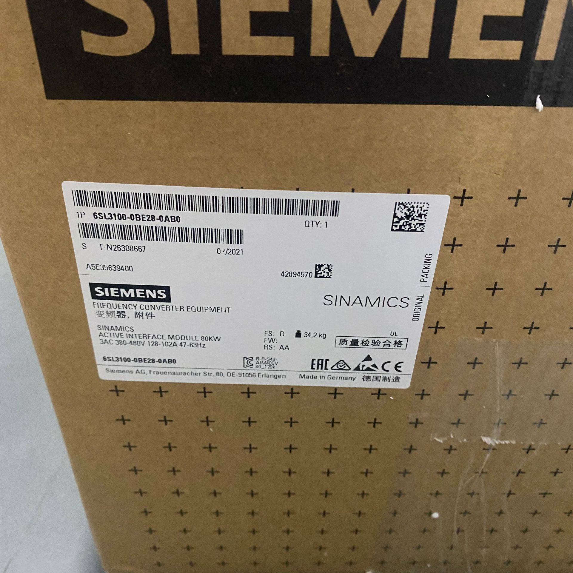 西门子6SL3100-0BE28-0AB0原装主动接口模块用于80KW模块现货