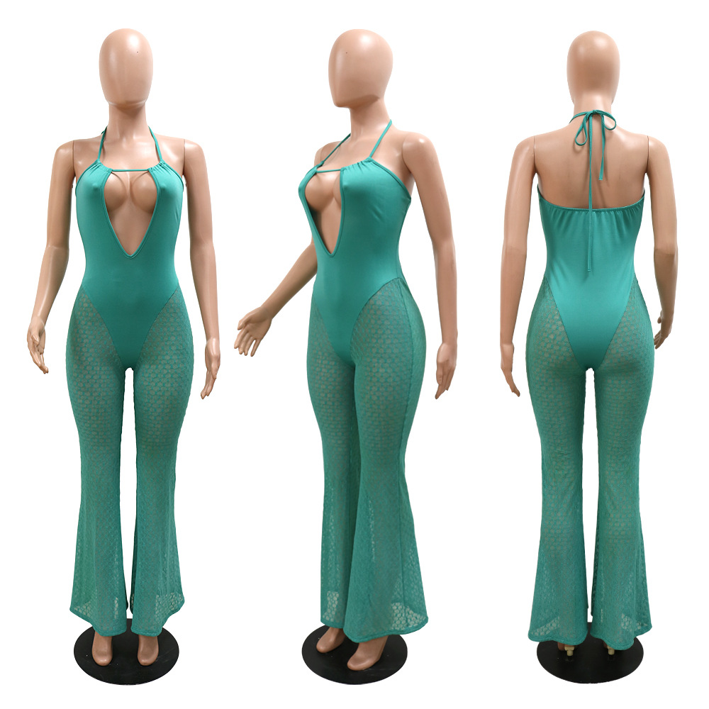 halter neck straps hollowed out tight flared slimming jumpsuit NSCYF122397