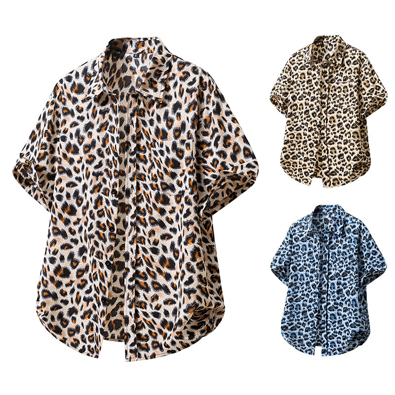 New Amazon Men's Beach Leopard Print Short Sleeve Shirt C99
