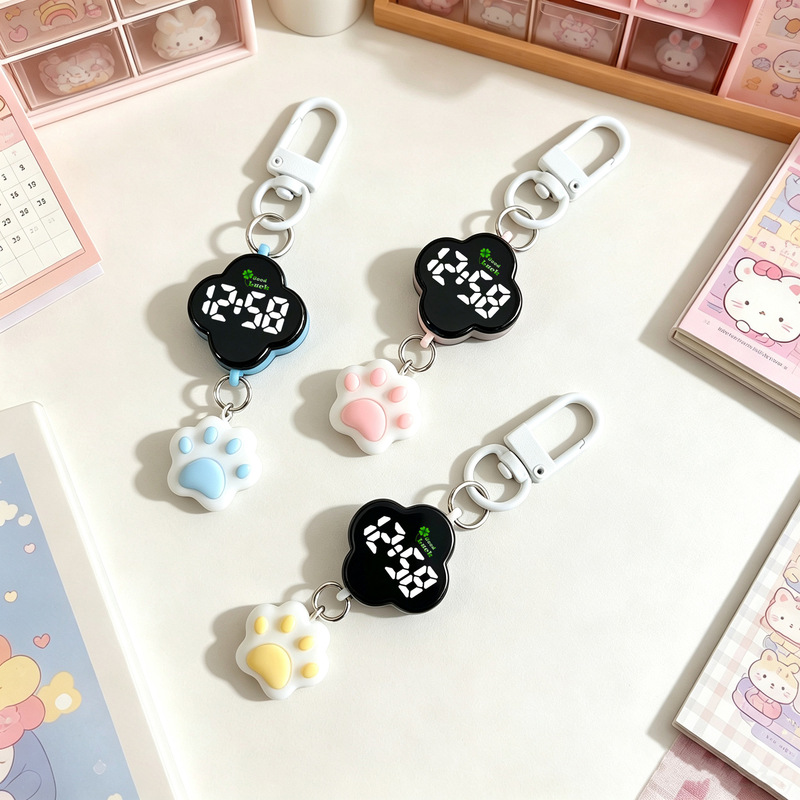 New Cute Cat Paw Cartoon Keychain LED Digital Watch for Students, Personalized Luminous Touchscreen Waterproof Backpack Hanging Watch