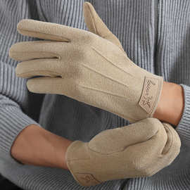 跨境德绒手套工厂批发新款2024男士冬季保暖触屏鹿头小皮标手套