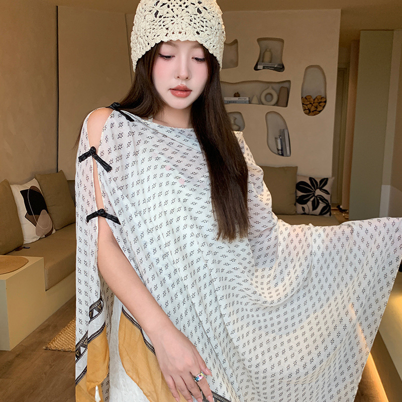 女性用夏の日焼け止め薄いショール、カラフルなストライプのボタン付きエスニックスタイルの旅行着用シルクスカーフ、海辺のビーチガーゼスカーフ|undefined