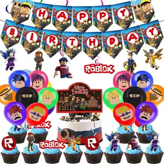 Roblox虚拟世界主题装饰套装卡通拉旗气球蛋糕插牌生日布置装饰品