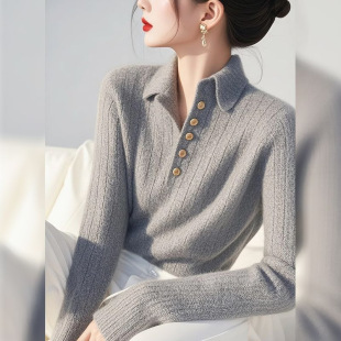 Super Nice Grey Lapel Sweater Women's Autumn and Winter New Lazy Style Soft Waxy Slim Top with Knitted Shirt Base
