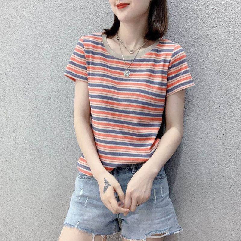 2025 新しい夏の女性の純粋な綿半袖 tシャツストライプトップス人気の女性の tシャツスリムフィット小柄な人|undefined