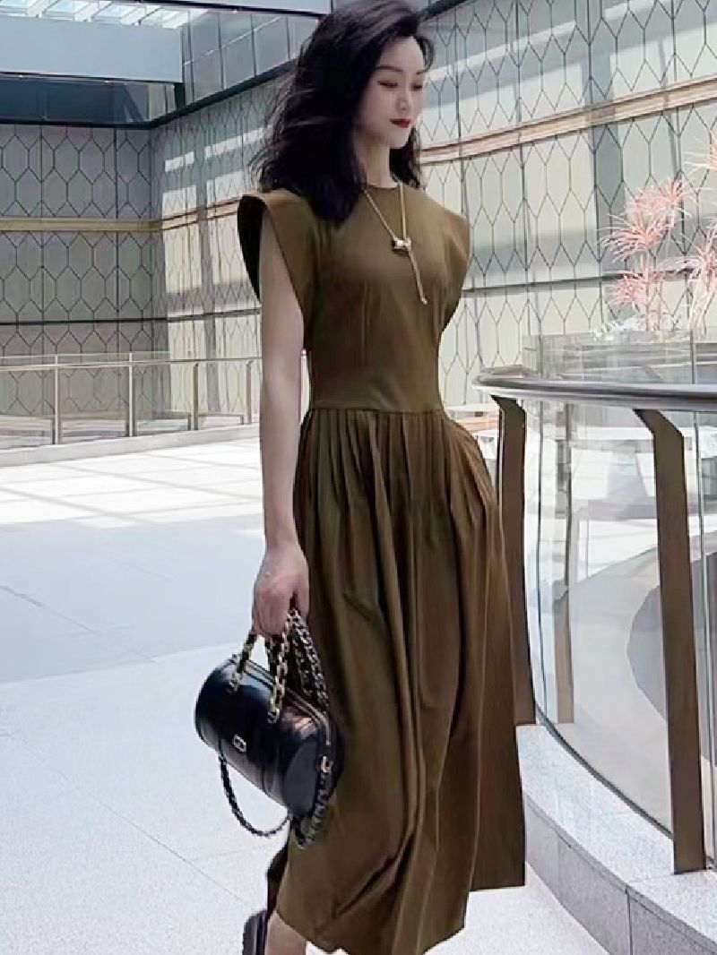 Đầm maxi nữ thắt eo phong cách Hepburn cổ điển không tay — Màu đen
