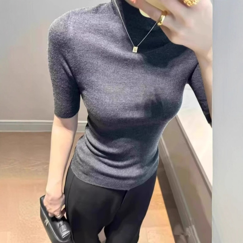 Autumn New Wool Mid-Sleeve Knitwear for Women, Half Turtleneck, High-Bottom Half-Sleeved Bottoming Shirt with Three-Quarter Sleeve Top
