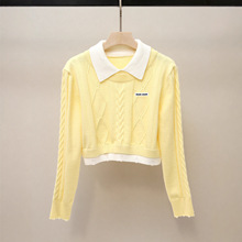 深圳南油高端女装秋季新款小香风甜美假两件短款翻领设计感针织衫