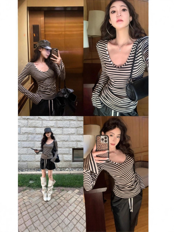 【工厂现货】撞色条纹弹力v领长袖T恤女秋季修身打底衫辣妹上衣|undefined