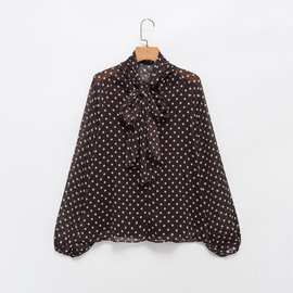 外贸2025欧美冬新款时尚宽松长袖蝴蝶结波点衬衫上衣女1165237
