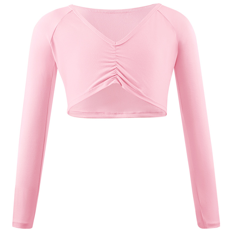 Ropa de baile para niños, chaleco, manga larga, cuello en V, chaqueta plisada, ropa de ballet, top, entrenamiento corporal, chal de baile